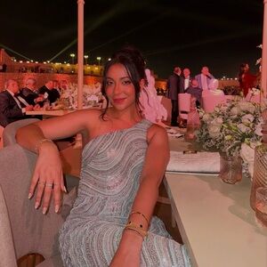 CUSTOM MADE one shoulder gown in a beautiful blue and silver sequin detail.